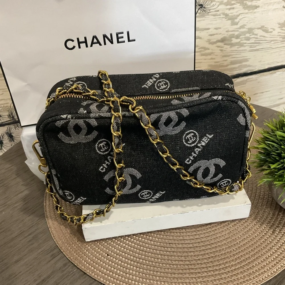 Denim Crossbody Bag with Gold Chain - Picture 1 of 7